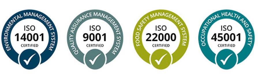 ISO 14001, ISO 9001, ISO 22000 ve ISO 45001 yönetim sistemi logoları